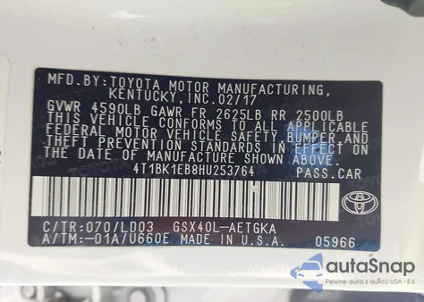 2017 Toyota Avalon Xle z USA, uszkodzony, nr VIN 4T1BK1EB8HU253764
